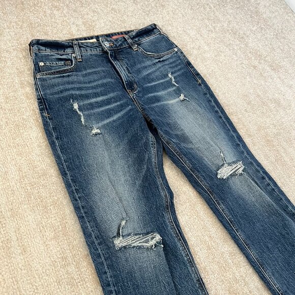 Anthropologie Blue Straight Leg Jeans with Floral Cuffs - Picture 3 of 11